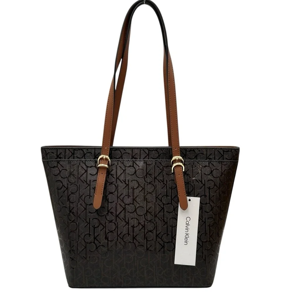 Calvin Klein Serafina Signature Tote Handbag Brown Jacquard Print 15.5x10.5x4.5